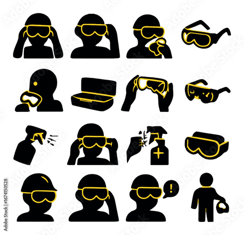 Silhouette safety gear icons set: goggles, masks, hard hat, cleaning spray, carrying case