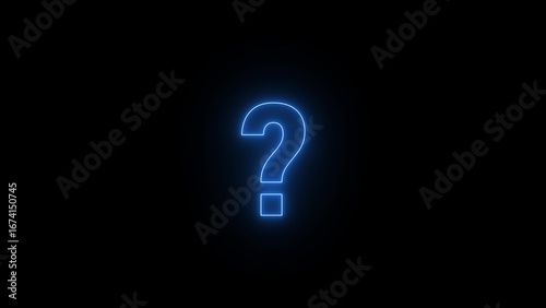 Glowing neon blue question mark symbol illuminating the darkness representing mystery and uncertainty