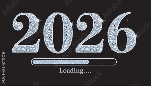 Elegant New Year 2026 concept featuring glittering diamond numbers and a loading progress bar on a dark background for festive greetings
