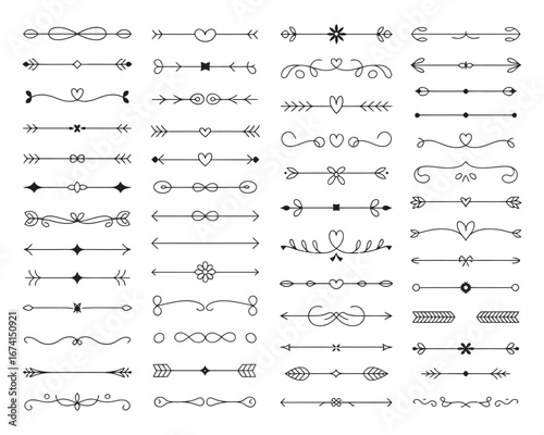 Set of hand drawn vector text dividers and calligraphic page borders. An elegant collection of ornamental lines, arrows, and flourishes for vintage design