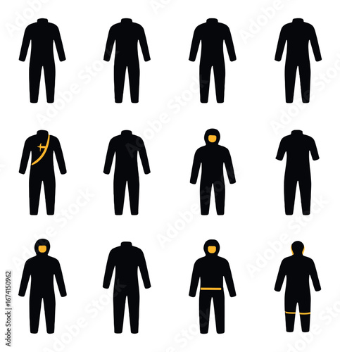 Silhouette outfit icon set featuring jumpsuit, coverall, hooded, and protective clothing symbols