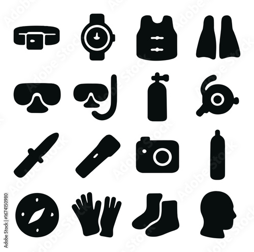 Silhouette diving icons set featuring mask, fins, snorkel, gear, compass, camera, and flashlight