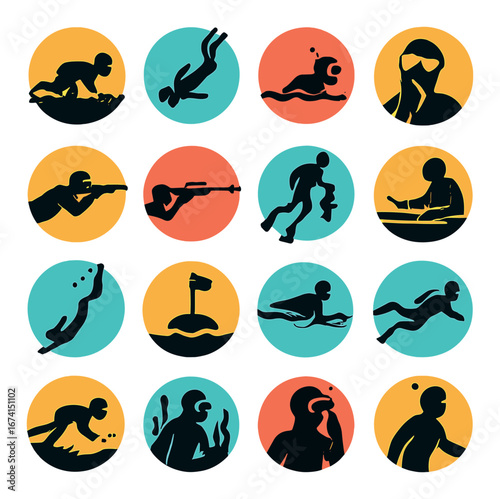 Silhouette sports icon set featuring swimming, diving, water polo, and surfing activities