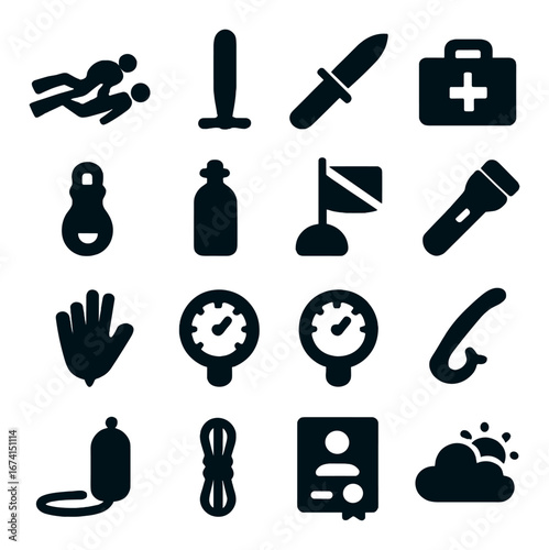 Silhouette diving icon set featuring swimmer, fins, knife, first aid, flashlight, gauges, and rope symbols