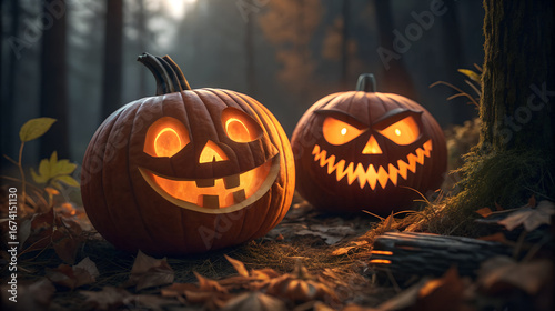 Wallpaper Mural Two glowing jack o lanterns in a dark forest on halloween night Torontodigital.ca