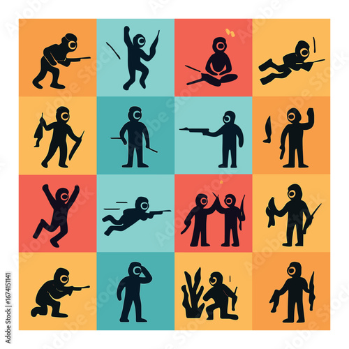 Silhouette sea adventure icons set featuring diver, fish, marine life, fishing, and diving gestures