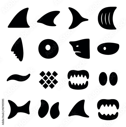 Silhouette shark fin and anatomy icon set featuring fins, tails, teeth, and eyes symbols