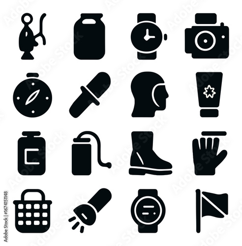 Silhouette camping icon set featuring lantern, jar, watch, camera, compass, and boot symbols
