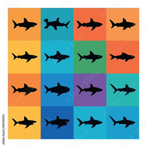 Silhouette shark icon set featuring hammerhead, great white, tiger, bull, and reef shark symbols