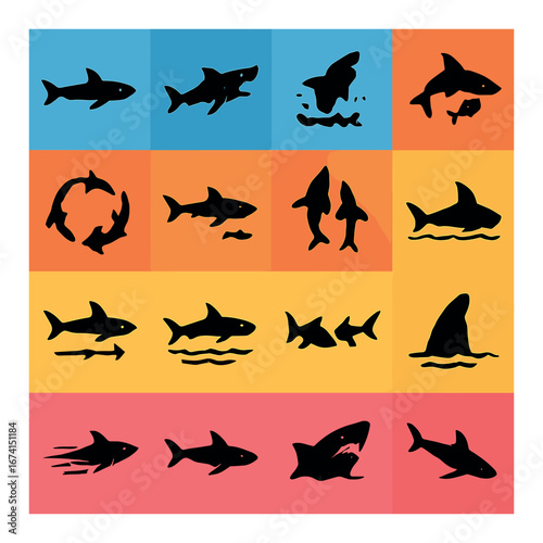 Silhouette marine icon set featuring shark, fish, fin, swimming, hunting, and ocean symbols