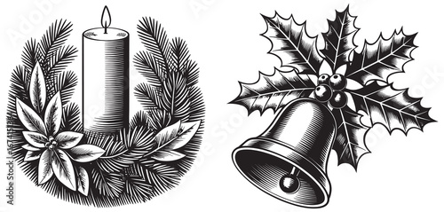 Vintage Christmas holiday icons with candle in a pine wreath and a jingle bell with holly. Black and white engraving style vector illustration set
