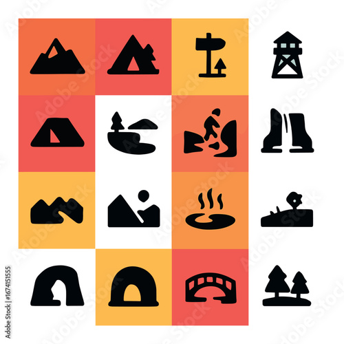 Silhouette camping icon set featuring tent, campfire, backpack, map, hiking, mountain, nature, and forest symbols