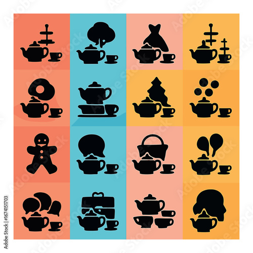 Silhouette tea icon set featuring teapot, cup, cake stand, gingerbread, donut, and whale symbols