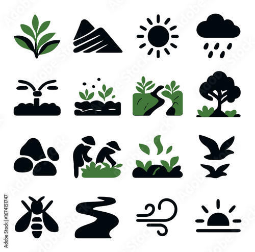 Silhouette nature icons set featuring plants, mountains, sun, rain, trees, path, and bee symbols