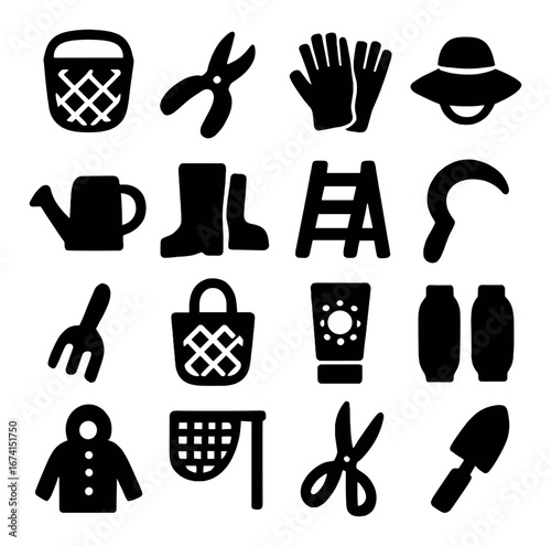 Silhouette gardening icon set featuring basket, shears, gloves, hat, watering can, boots, and ladder