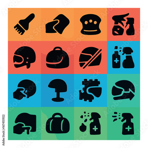 Silhouette cleaning and safety icons set featuring brush, sponge, sprayer, helmet, and goggles
