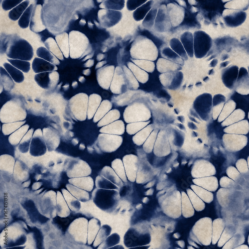 Indigo Shibori Folk Dyed Floral Pattern