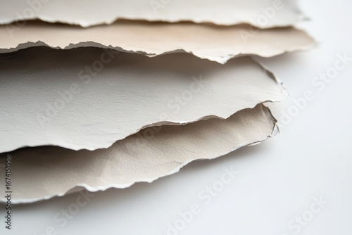 Layered sheets of torn paper in various neutral tones create a subtle and textured artistic composition.