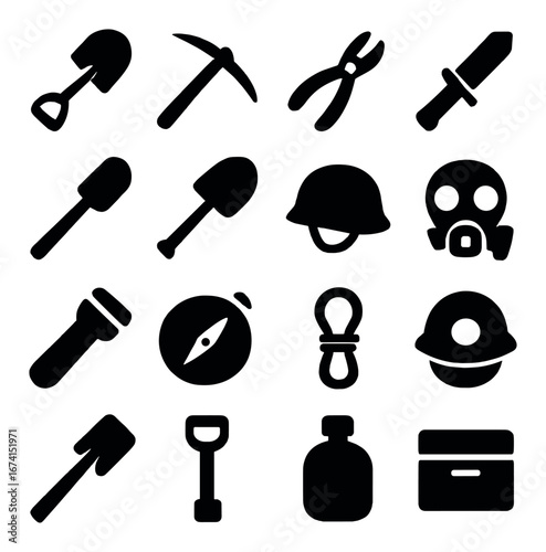Silhouette camping tools icon set featuring shovel, axe, compass, knife, helmet, gas mask, rope, and flashlight