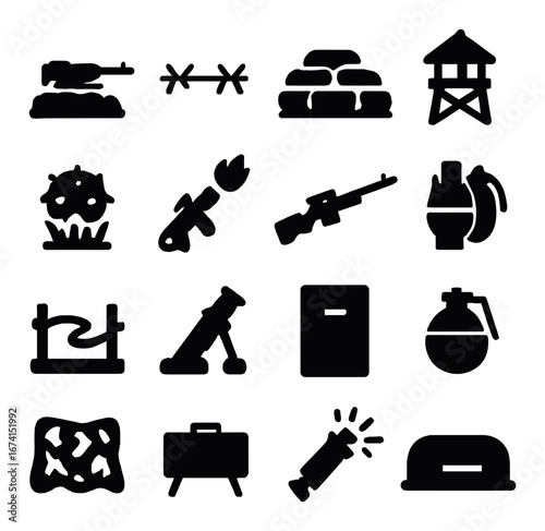 Silhouette military icon set featuring tank, barbed wire, bunker, watchtower, mine, missile, rifle, grenade symbols