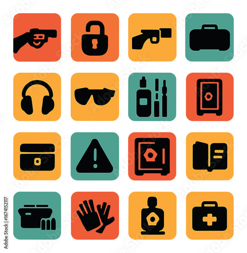 Silhouette security and safety icon set: lock, gun, briefcase, headphones, sunglasses, tools, safe