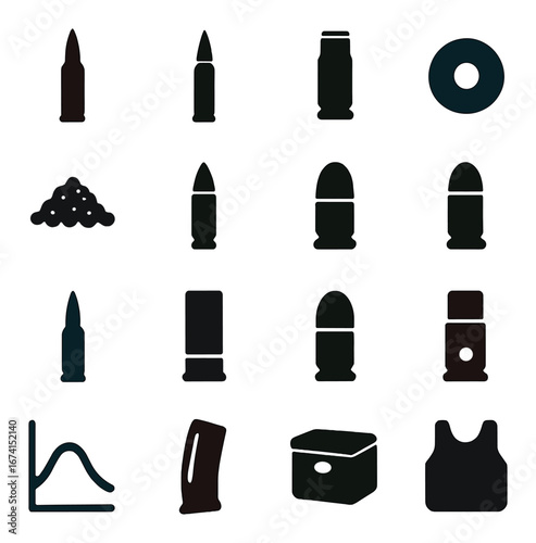 Silhouette military icon set featuring ammunition, bullet, magazine, armor, target, and graph symbols