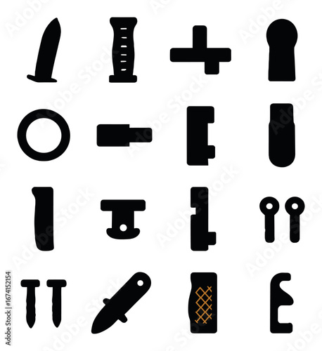 Silhouette tactical gear icon set featuring knife, flashlight, cross, suppressor, bullet, and carabiner symbols