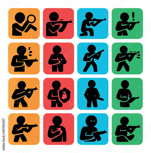 Silhouette military icon set featuring soldier, shooting, combat, gun, alert, and defense symbols
