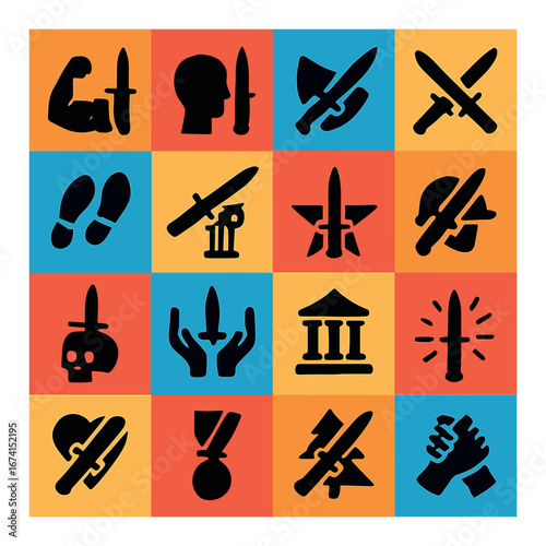 Silhouette military icon set featuring sword, helmet, shield, knife, medal, and army symbols