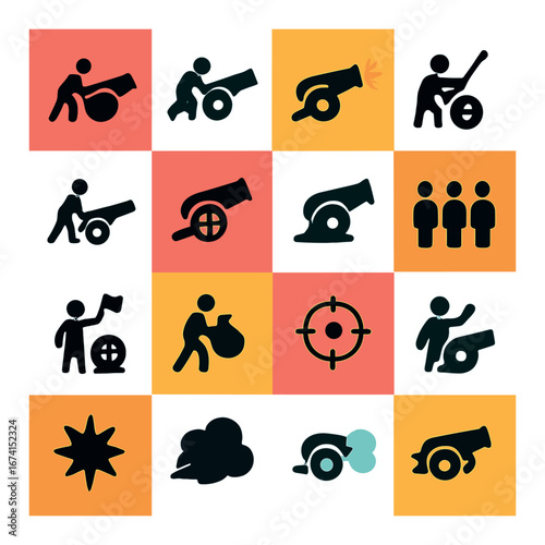 Silhouette military icon set featuring cannon, soldier, target, explosion, smoke, and flag symbols