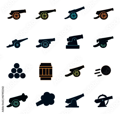 Silhouette historical weapons icon set featuring cannon, cannonballs, smoke, firing, and explosive symbols