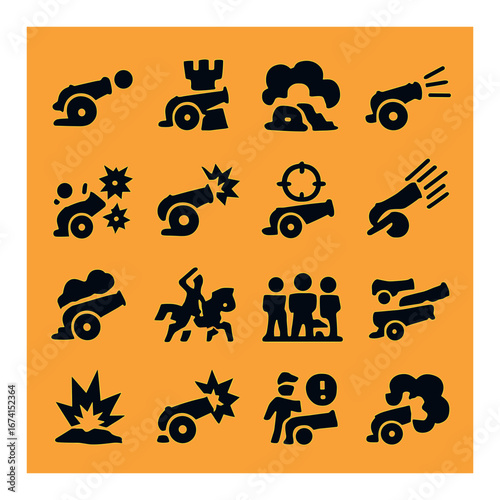Silhouette historical icons set featuring cannon, explosion, cavalry, and battlefield symbols