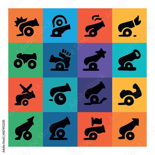 Silhouette medieval icon set featuring cannon, warfare, defense, artillery, and weaponry symbols