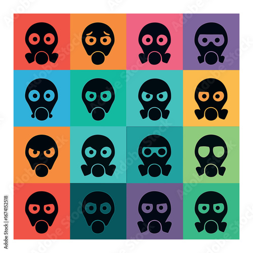 Silhouette gas mask icons set featuring various expressions and styles