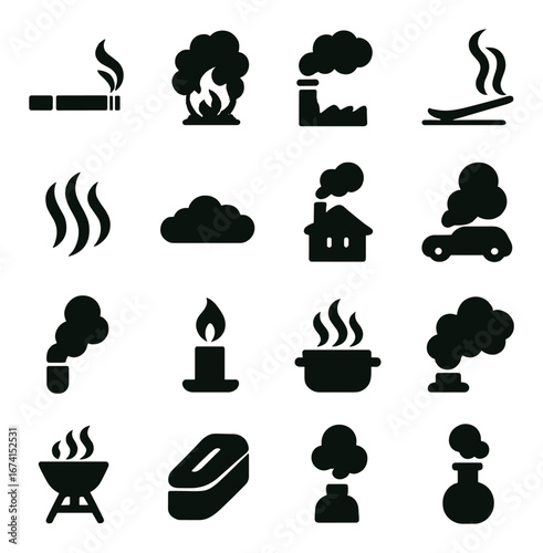 Silhouette pollution and smoke icons set featuring cigarette, factory, cloud, car, candle, and barbecue symbols