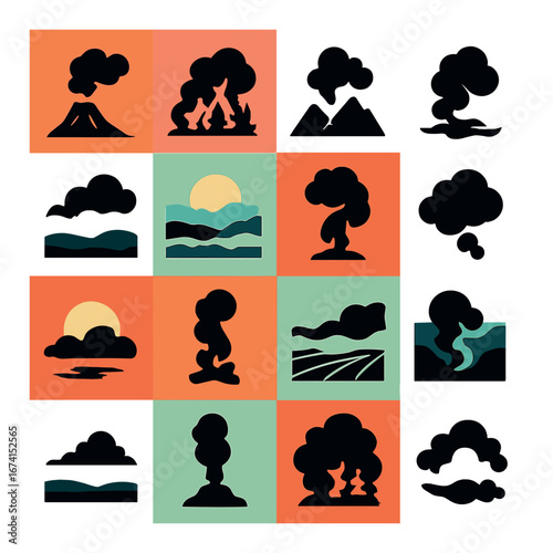 Silhouette natural disaster icons set featuring volcano, earthquake, flood, wildfire, tornado, and tsunami