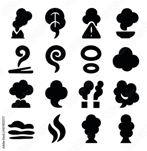 Silhouette smoke icon set featuring cloud, steam, warning, and pollution symbols