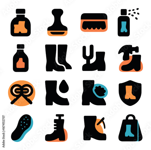Silhouette hiking icon set with boots, backpack, map, compass, tent, campfire, and water bottle symbols