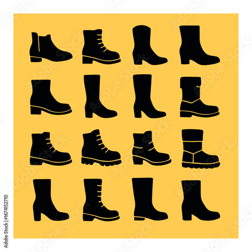 Silhouette footwear icon set featuring ankle boots, high boots, hiking boots, and combat boots