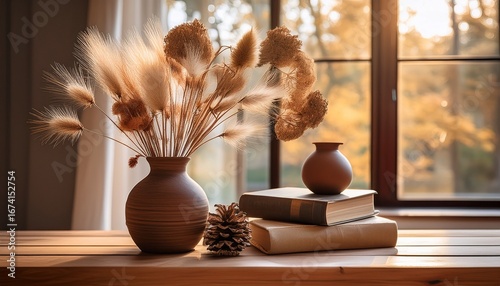 serene still life featuring dried flowers in a brown vase books and decorative vessels on a wooden table by a window