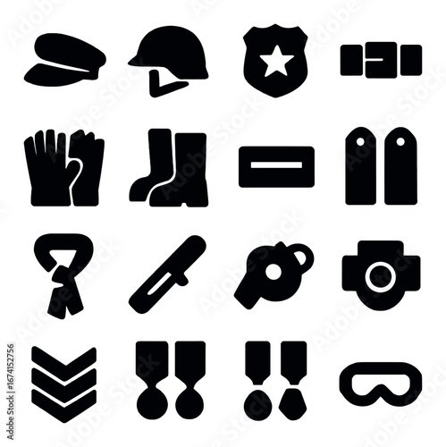 Silhouette military icon set featuring helmet, badge, boots, whistle, and goggles symbols