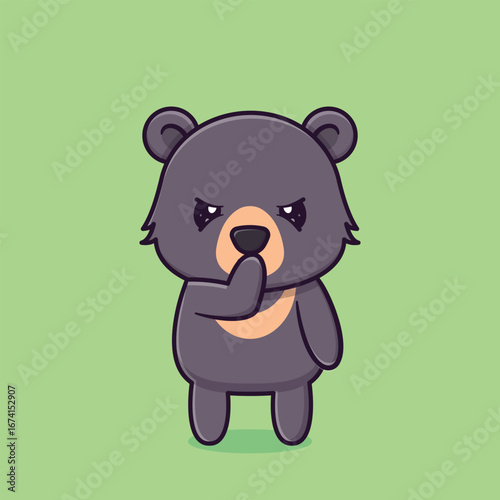 Grumpy Sun Bear Cartoon Mascot Character Standing with a Serious or Angry Expression and a Paw to Its Mouth