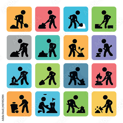 Flat construction icon set featuring worker, shovel, wheelbarrow, digging, cement, and toolbox symbols