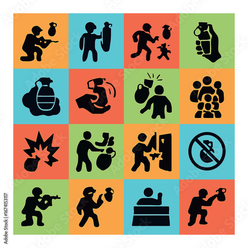 Silhouette warfare icon set featuring soldier, grenade, explosion, and family in conflict symbols