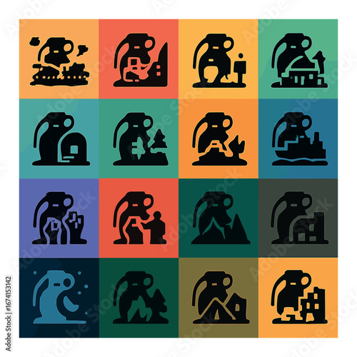 Silhouette disaster icon set featuring earthquake, tornado, flood, fire, avalanche, tsunami