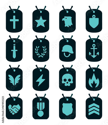 Silhouette military icon set featuring cross, star, eagle, shield, sword, leaves, helmet, anchor, and more symbols
