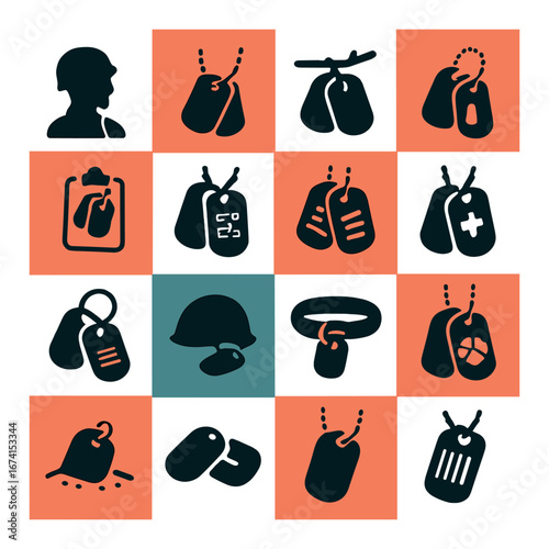 Silhouette military icon set featuring dog tags, soldier, helmet, medical, clipboard, parachute, identification
