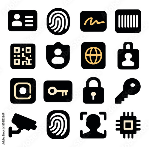 Silhouette security icon set featuring id card, fingerprint, signature, barcode, and lock symbols