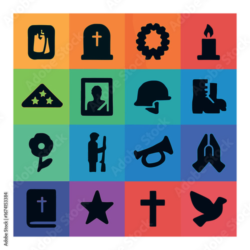 Flat memorial icon set featuring candle, grave, wreath, helmet, boots, flag, trumpet, cross, and dove symbols