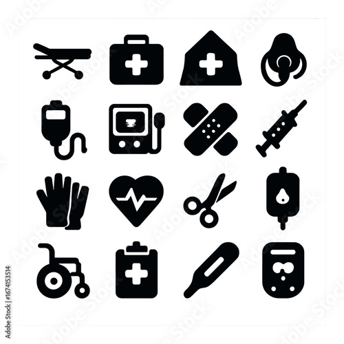 Silhouette medical icon set featuring stretcher, first aid kit, hospital, stethoscope, syringe, and scissors symbols